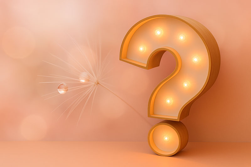 FAQs - KI generiert: LED-Fragezeichen mit einer Löwenzahnblüte